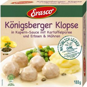 Link zu  Königsberger Klopse in Kapern-Sauce mit Kartoffelpüree, Erbsen & Möhren